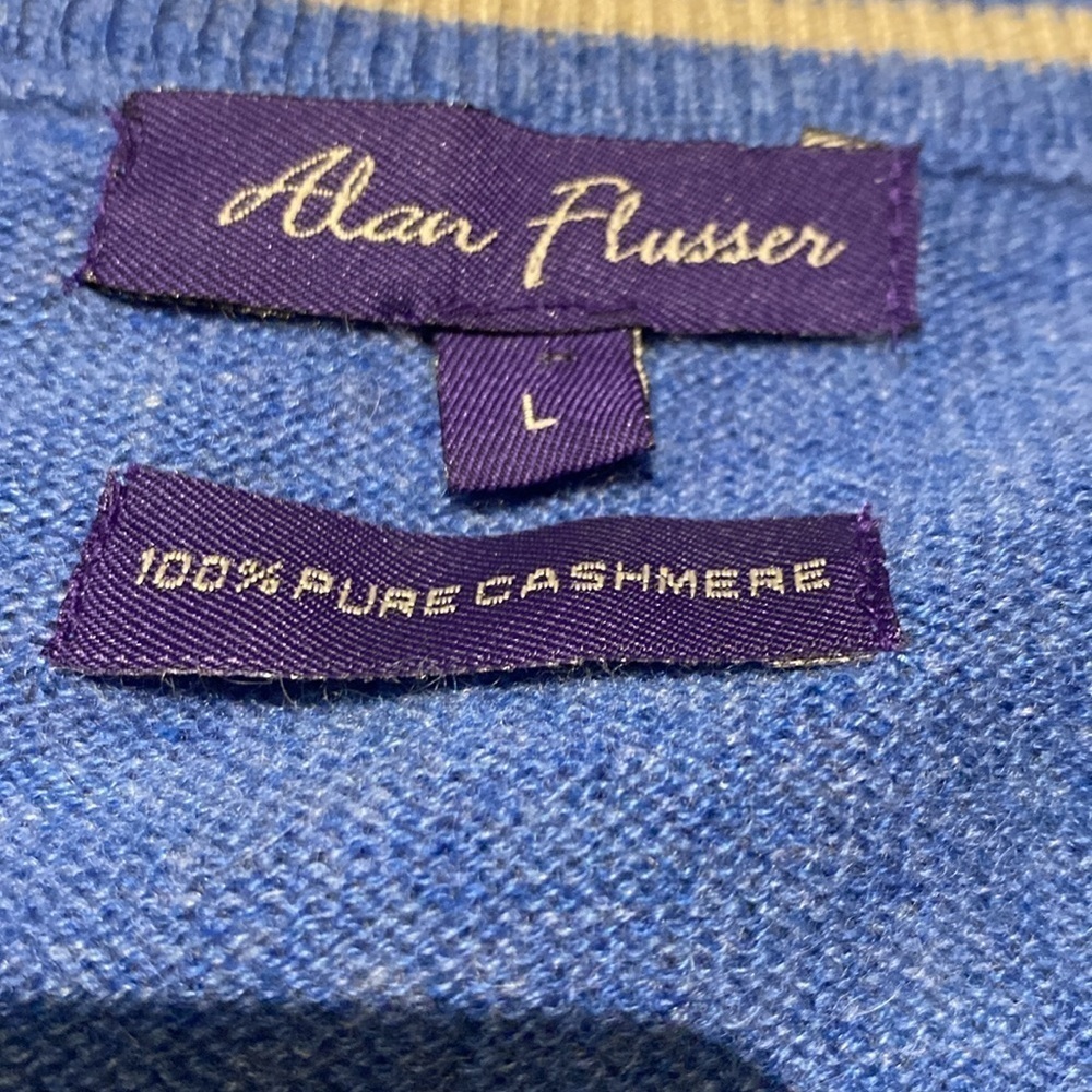 Alan Flusser Crew Neck Cashmere L/S Knit Sweater Pullover Mid Blue Size LARGE